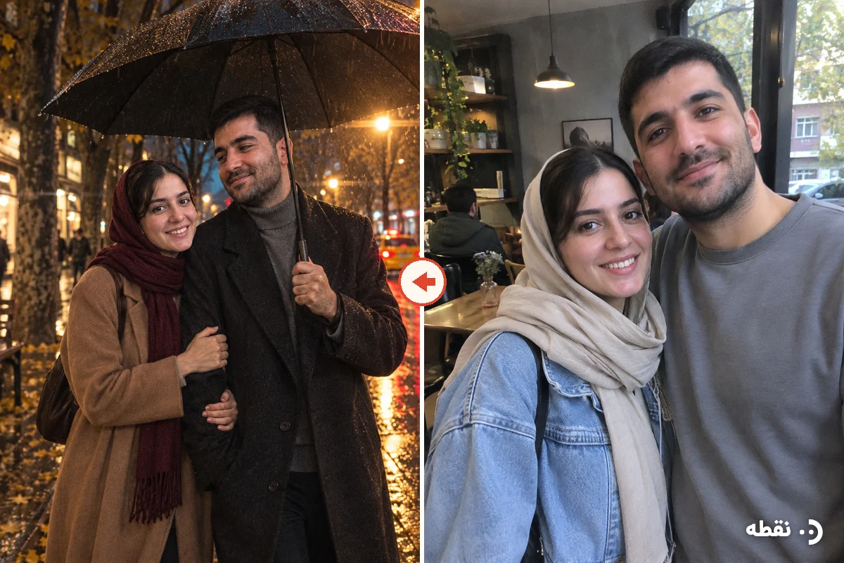 عکس پاییزی دونفره عاشقانه با هوش مصنوعی؛ عکس ساده در کافه و نسخهٔ سینمایی در شب بارانی پاییز