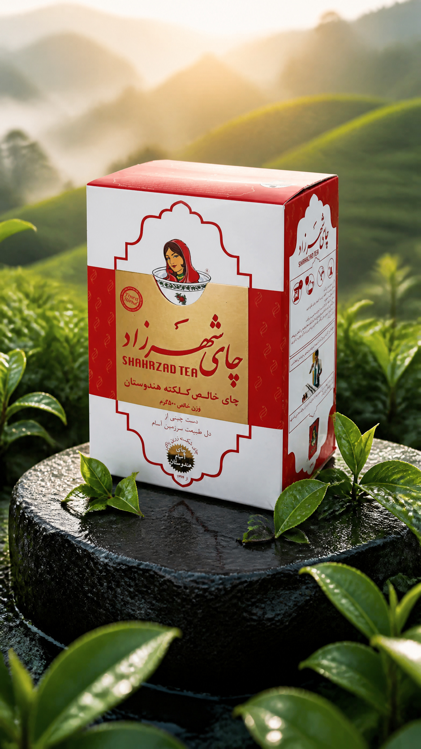 عکس تبلیغاتی چای در باغ مه‌آلود