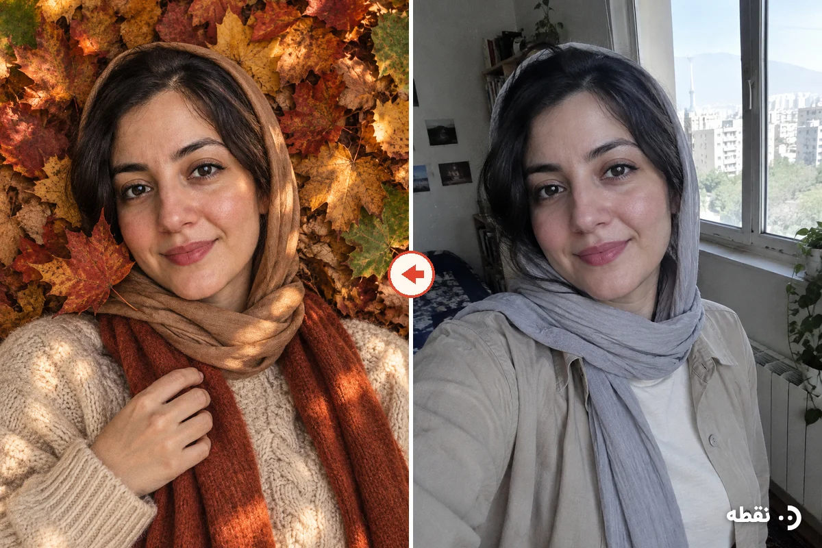 عکس پاییزی دخترانه طبیعی با هوش مصنوعی؛ سلفی ساده و پرترهٔ پاییزی از بالا روی فرش برگ