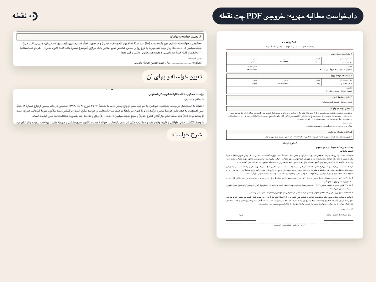 پیشنمایش فایل PDF نمونه دادخواست مطالبه مهریه ساختهشده با چت نقطه