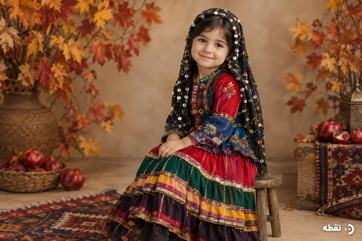 عکس آتلیه‌ای کودک با لباس محلی قشقایی و تم پاییزی