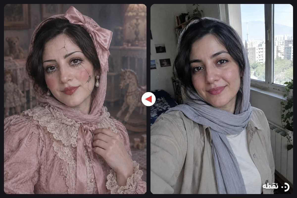 قبل و بعد گریم عروسکی هالووین، عروسک چینی ترکخورده ساختهشده با هوش مصنوعی روی عکس یک زن