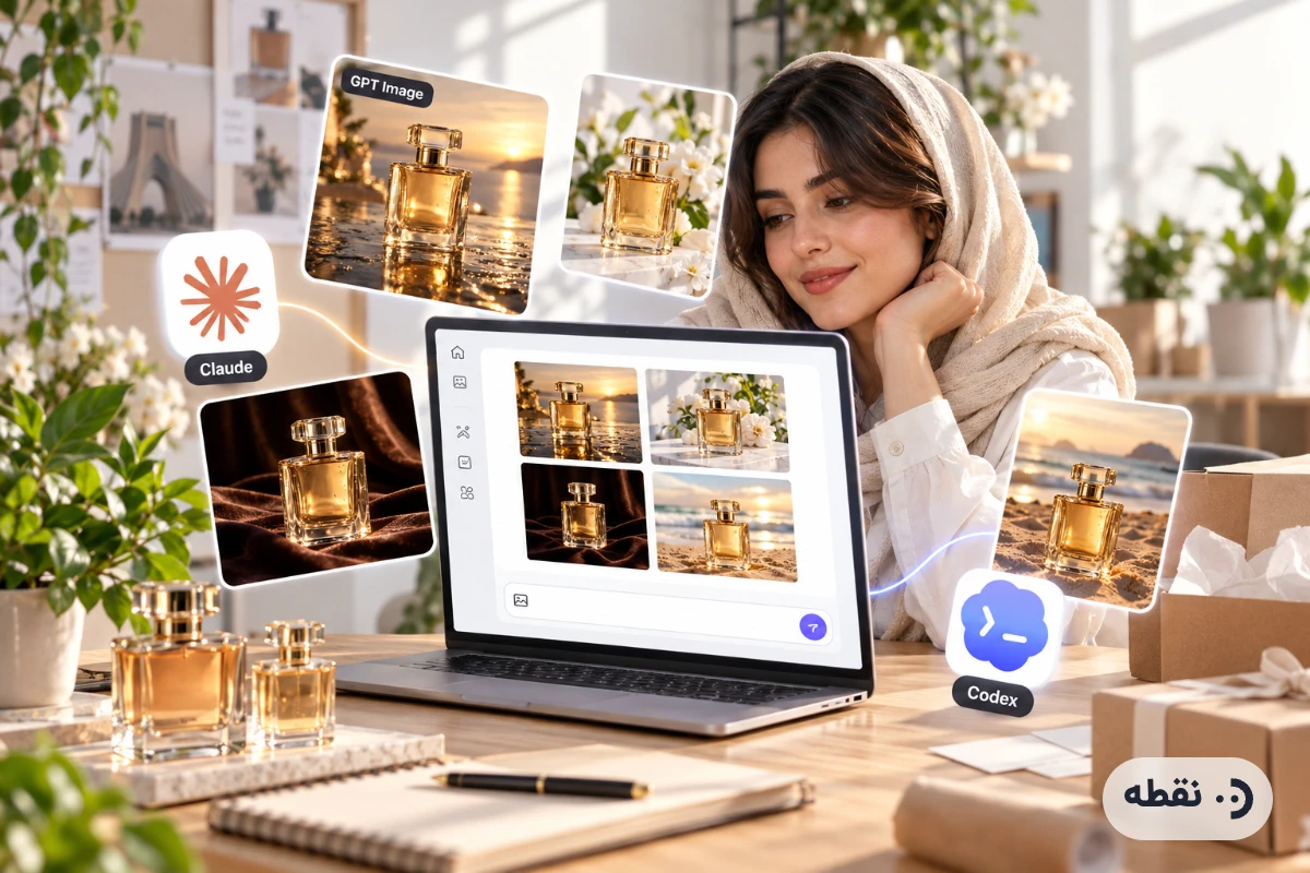فروشندهٔ عطر که چند عکس محصول را در گفتگوی کلاد گرفته است