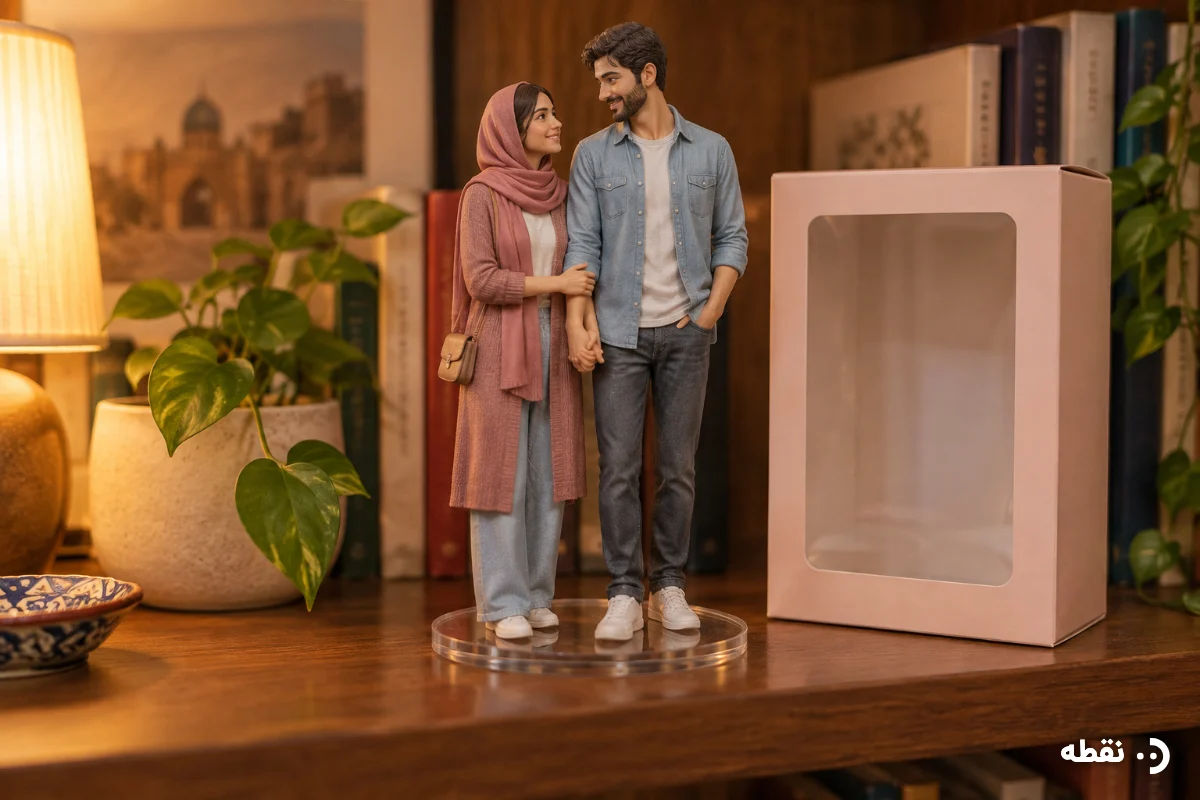 عکس فیگور دونفره با هوش مصنوعی؛ فیگور یک زوج ایرانی روی پایهٔ شفاف در قفسهٔ کتابخانه کنار جعبهٔ پنجرهدار