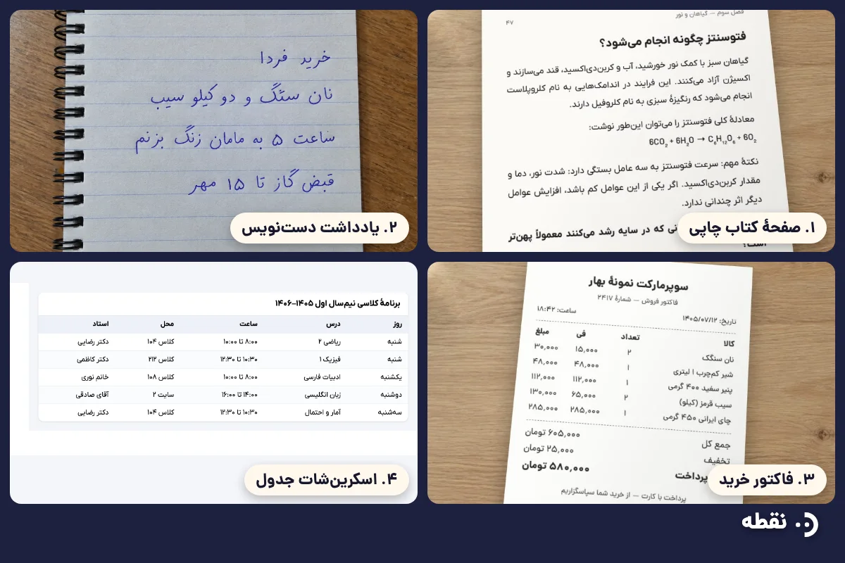 چهار عکس تست برای تبدیل عکس به متن: صفحهٔ کتاب، یادداشت دستنویس، فاکتور و جدول