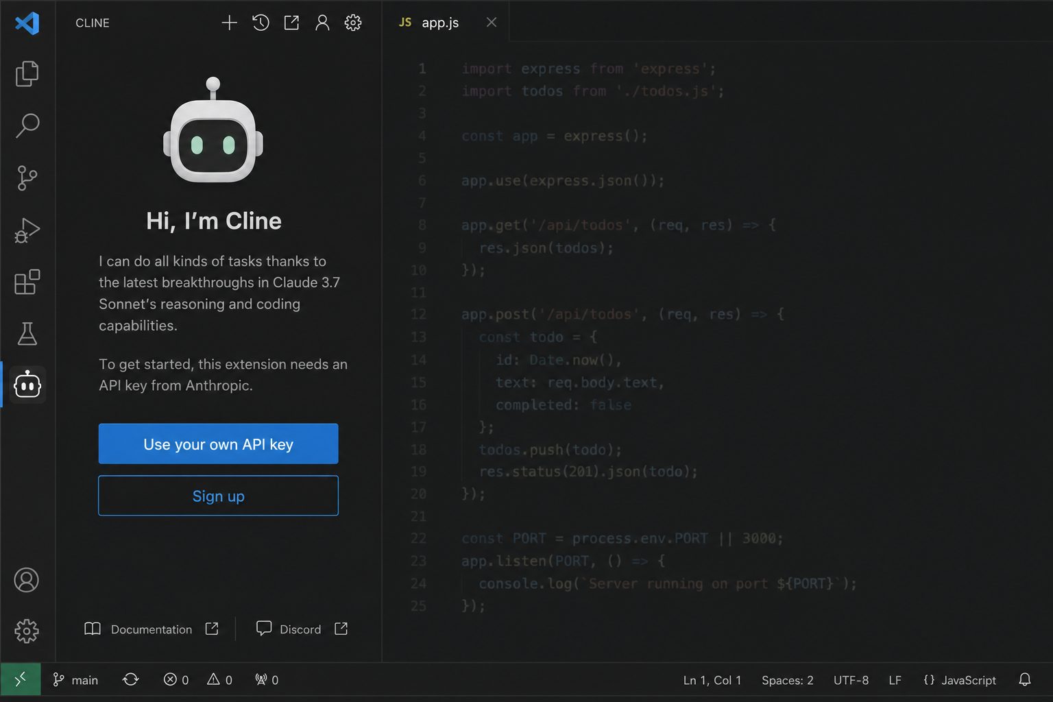 صفحه‌ی خوش‌آمد Cline — گزینه‌ی Use your own API key (نمای بازسازی‌شده)