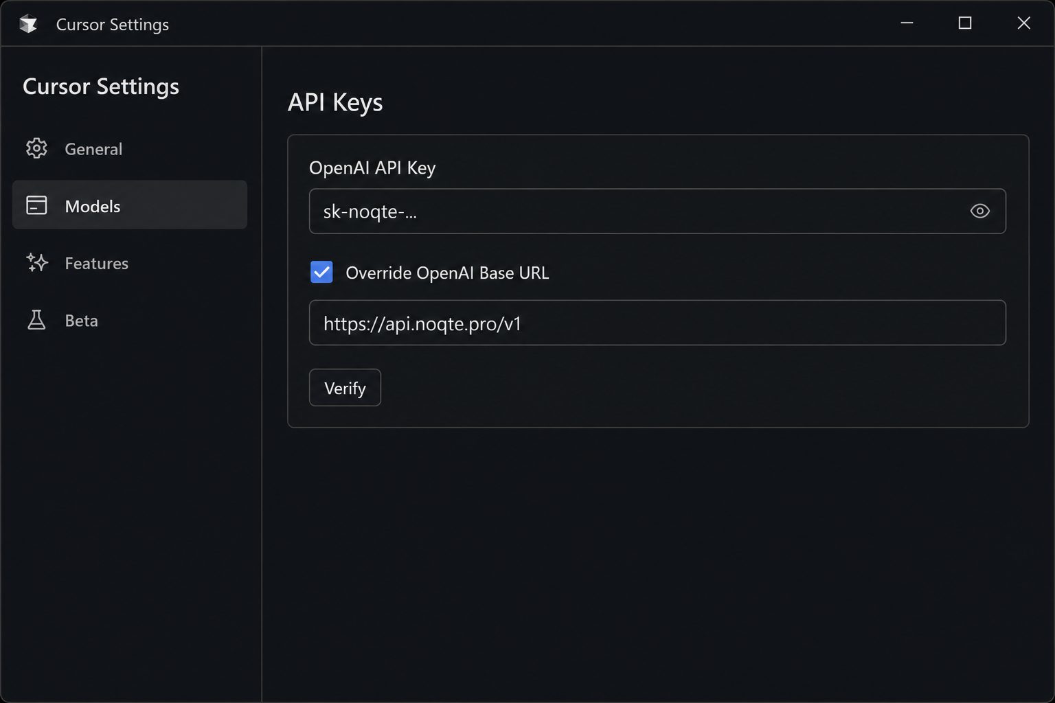 بخش API Keys در تنظیمات Cursor با مقادیر نقطه (نمای بازسازی‌شده)
