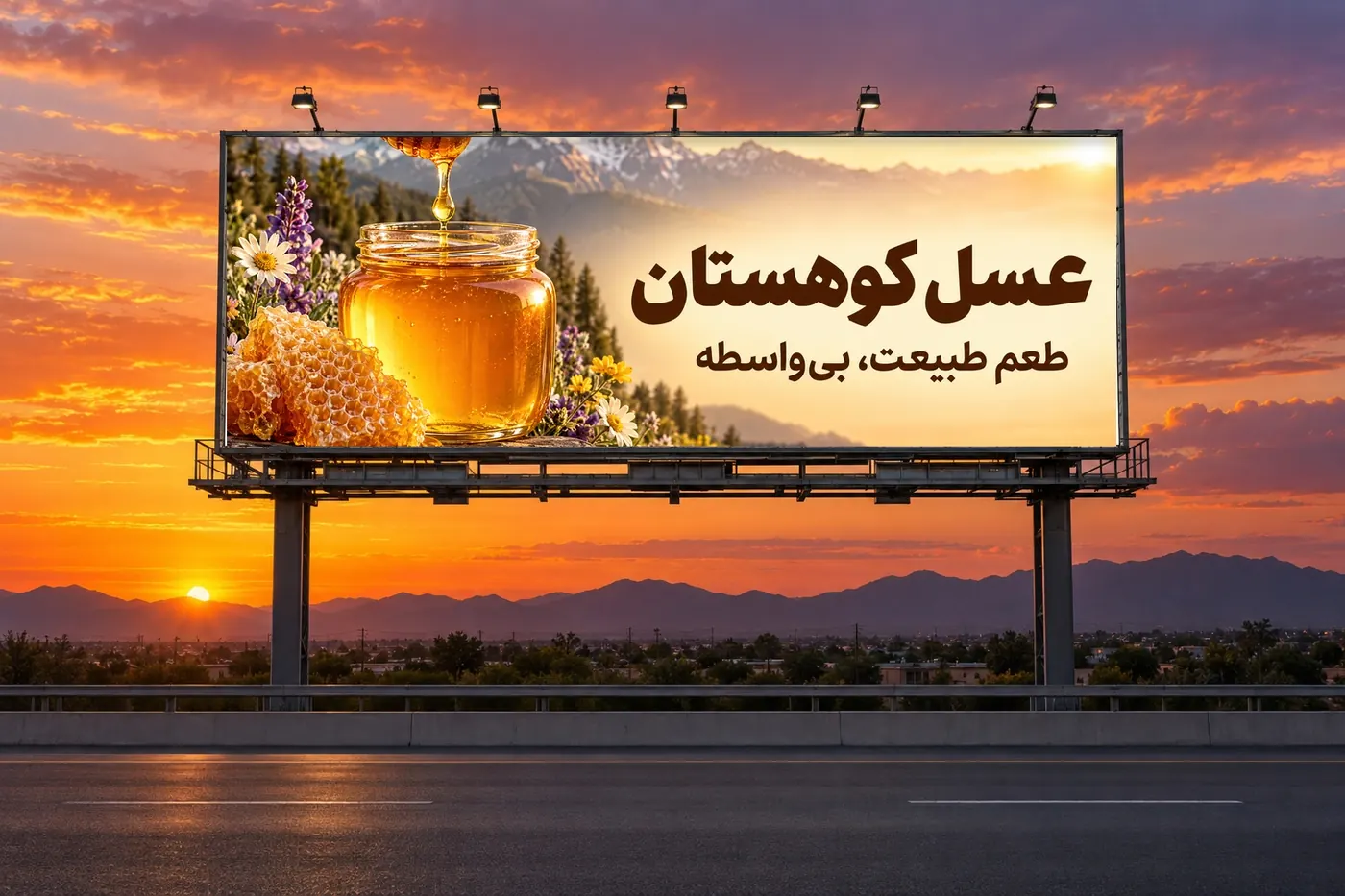 بیلبورد عسل کوهستان کنار بزرگراه هنگام غروب
