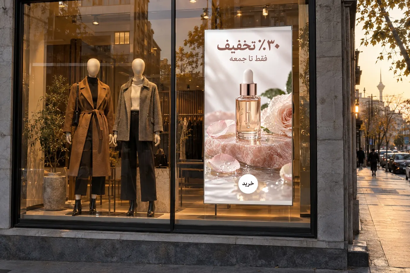 بنر تبلیغاتی در ویترین فروشگاه با مانکن‌ها