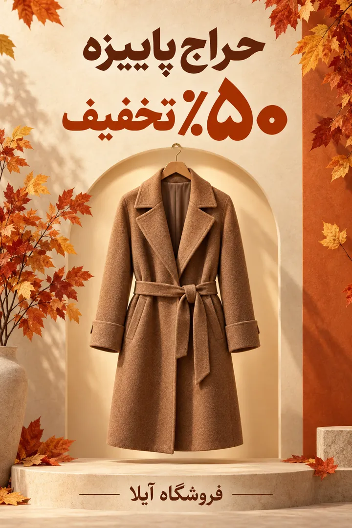 پوستر حراج پاییزهٔ فروشگاه لباس با پالتوی پشمی و تیتر «۵۰٪ تخفیف»