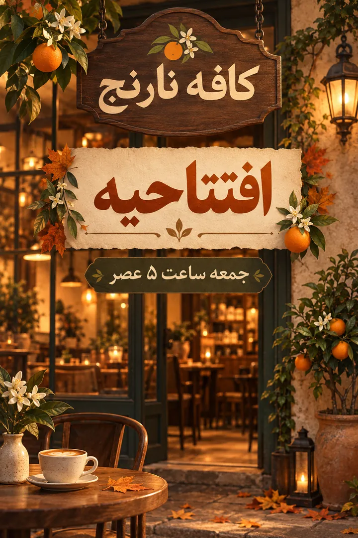 پوستر افتتاحیهٔ کافه نارنج با تابلوی چوبی و متن «جمعه ساعت ۵ عصر»