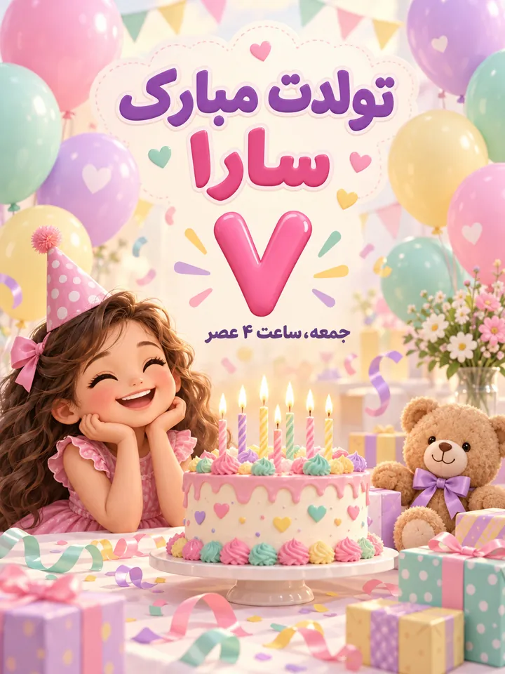 پوستر دعوت جشن تولد هفت‌سالگی سارا با بادکنک و کیک
