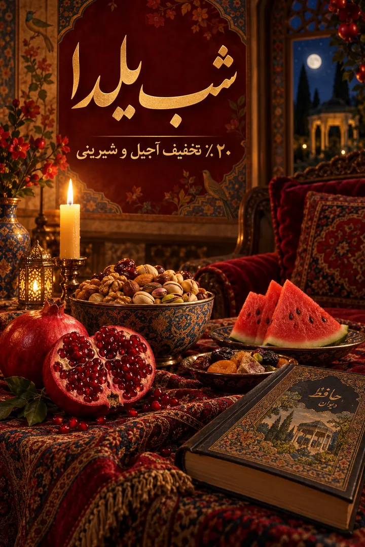 پوستر تخفیف شب یلدا با انار، هندوانه و دیوان حافظ