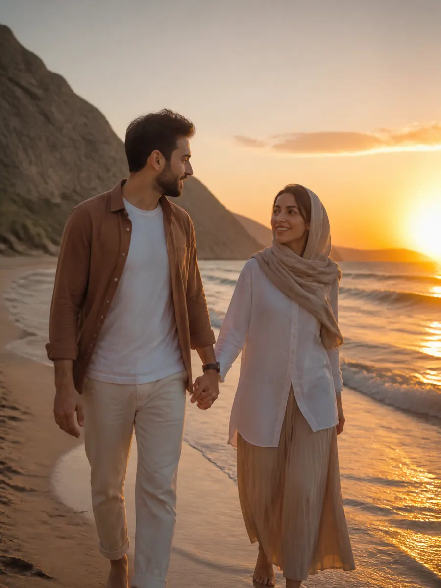 زوج جوان ایرانی هنگام غروب کنار دریا