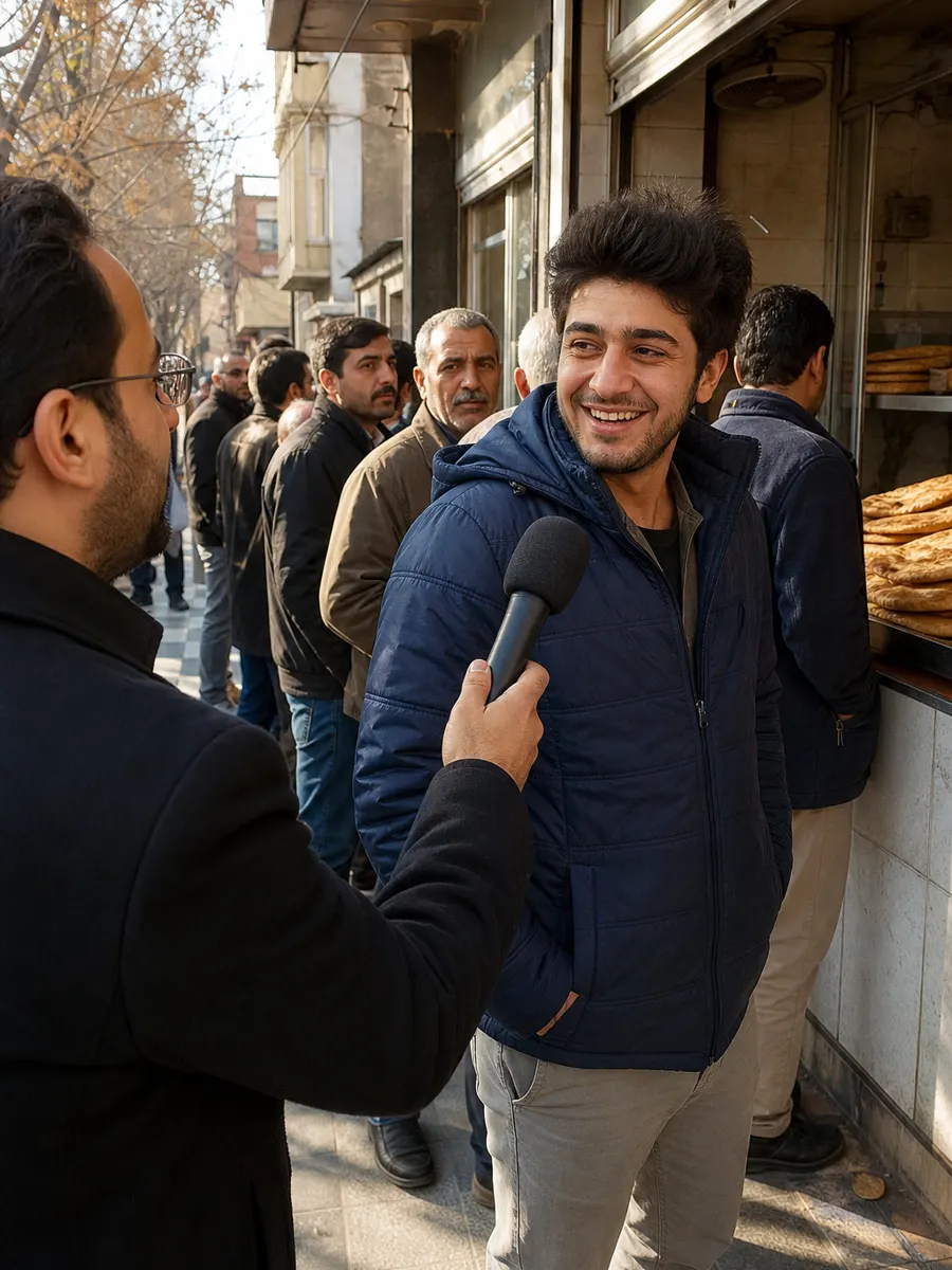 مصاحبهٔ خیابانی طنز با میکروفون در صف نانوایی
