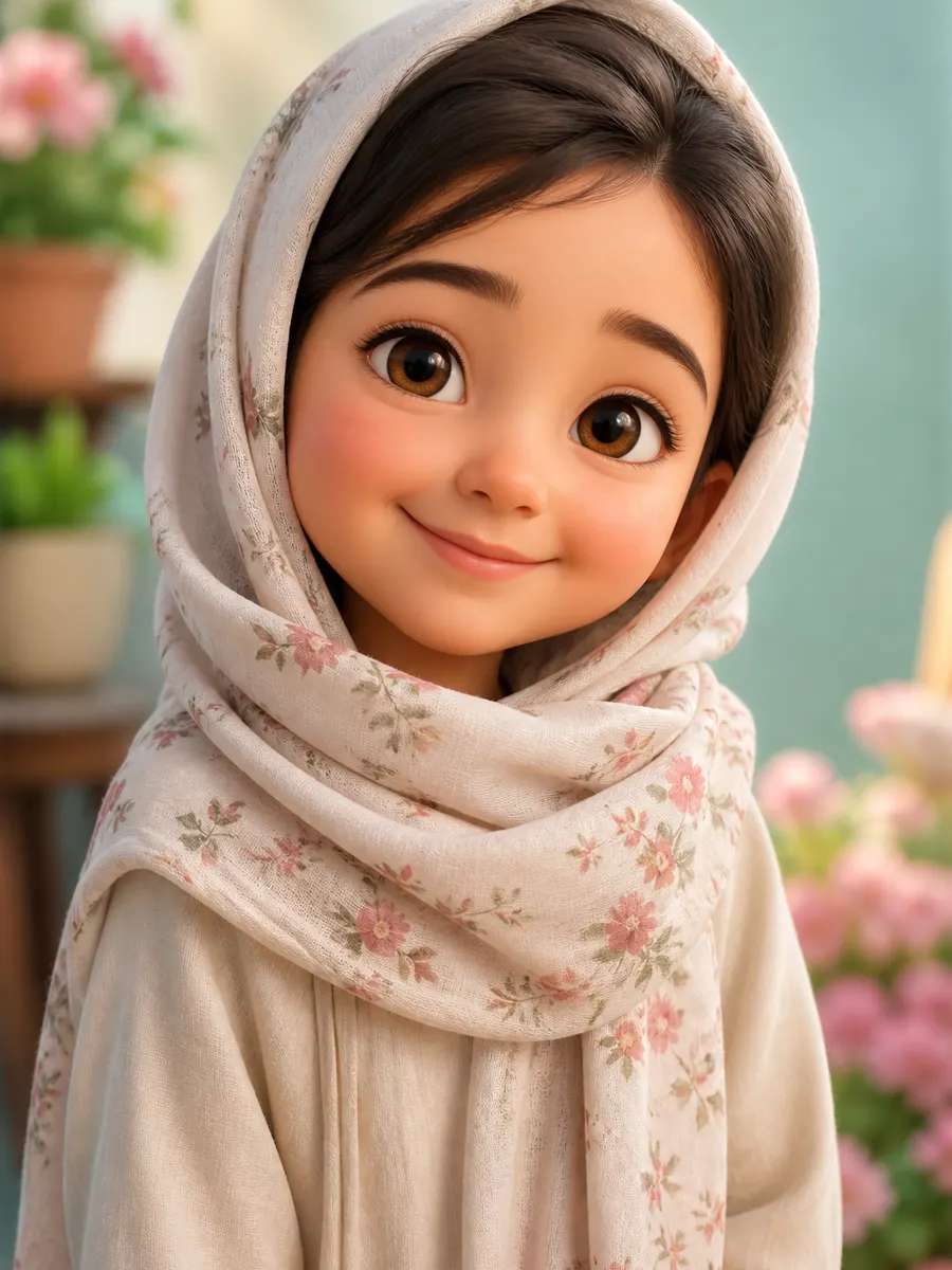 پرترهٔ کارتونی سه‌بعدی دختر جوان با روسری