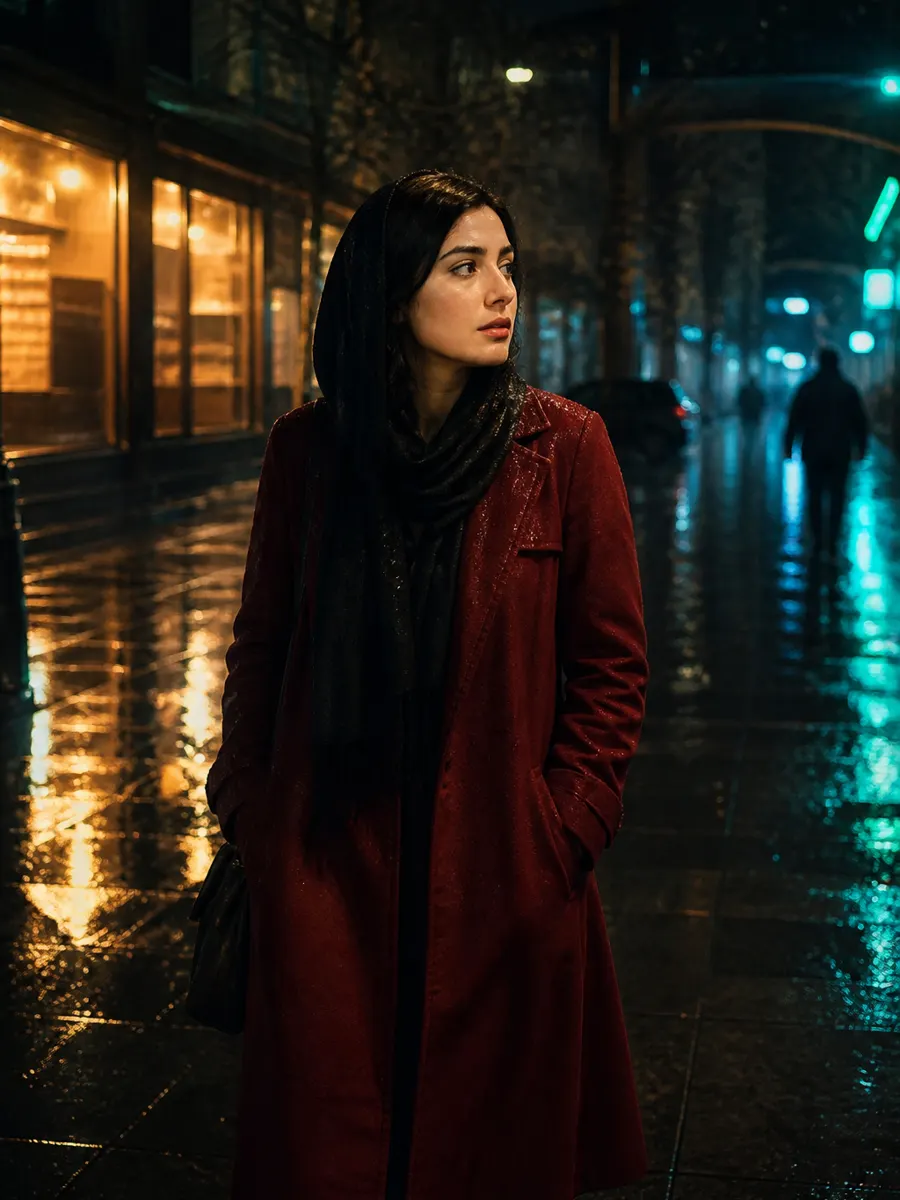 قاب سینمایی زن جوان با پالتوی قرمز در خیابان بارانی شب