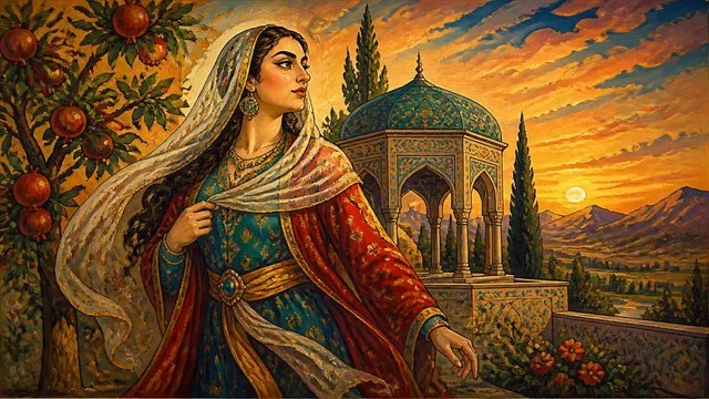 بانوی ایرانی در باغ انار؛ پیش‌نمایش سبک نقاشی قهوه‌خانه‌ای نقّال