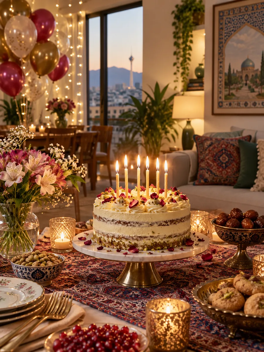 صحنه جشن تولد با کیک و نور گرم
